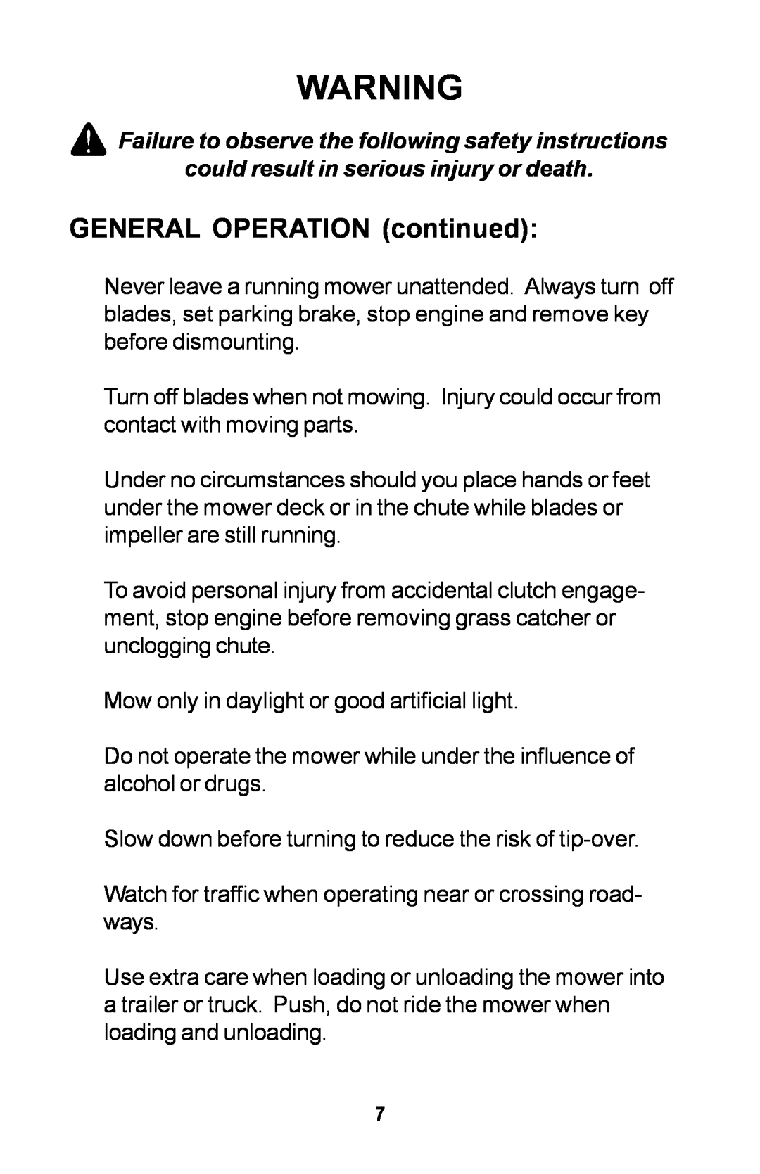 Dixon ZTR manual GENERAL OPERATION continued 