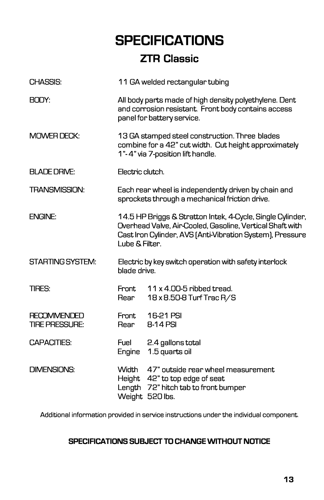Dixon ZTRCLASSIC manual Specifications, ZTR Classic 