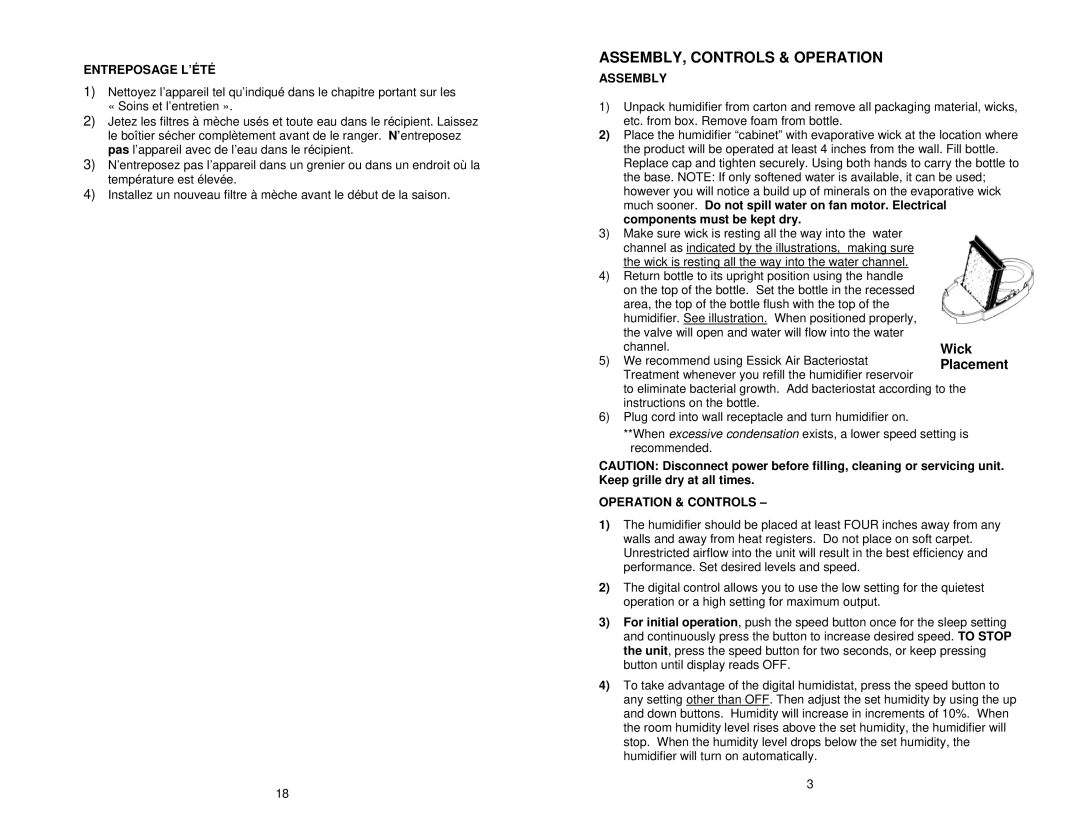 DKNY 7D6 100 manual ASSEMBLY, Controls & Operation, Entreposage L’ÉTÉ, Assembly, Operation & Controls 