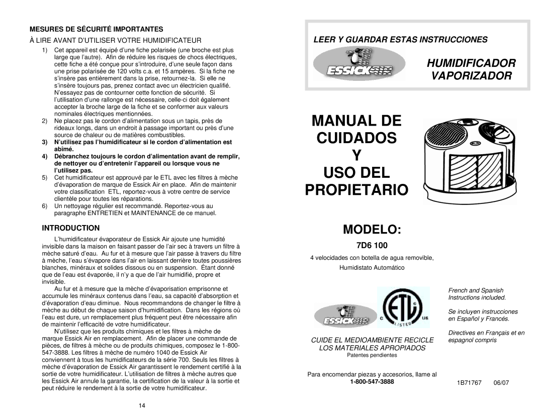 DKNY 7D6 100 manual Manual DE Cuidados USO DEL Propietario, Modelo, Mesures DE Sécurité Importantes 