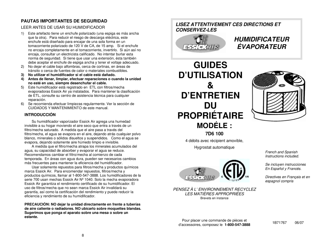 DKNY 7D6 100 manual Guides ’UTILISATION ’ENTRETIEN Propriétaire, Modéle, Pautas Importantes DE Seguridad, Introducción 