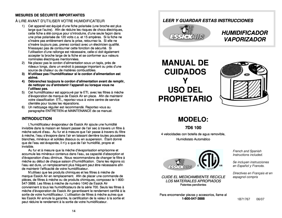 DKNY 7D6 100 Manual De Cuidados Y Uso Del Propietario, Modelo, Humidificador Vaporizador, Mesures De Sécurité Importantes 