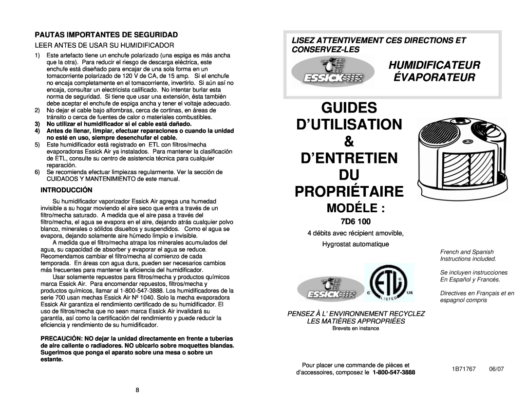 DKNY 7D6 100 manual Guides D’Utilisation, D’Entretien Du Propriétaire, Modéle, Humidificateur Évaporateur, Introducción 