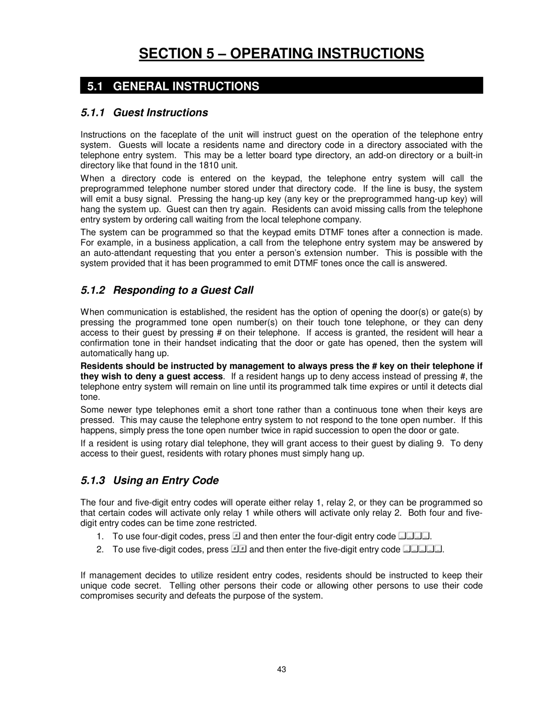 DKS Enterprises 1810, 1803, 1808 General Instructions, Guest Instructions, Responding to a Guest Call, Using an Entry Code 