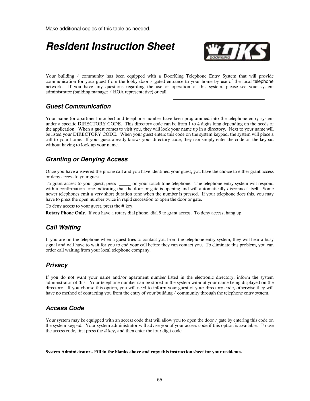 DKS Enterprises 1810, 1803, 1808, 1802 owner manual Resident Instruction Sheet 