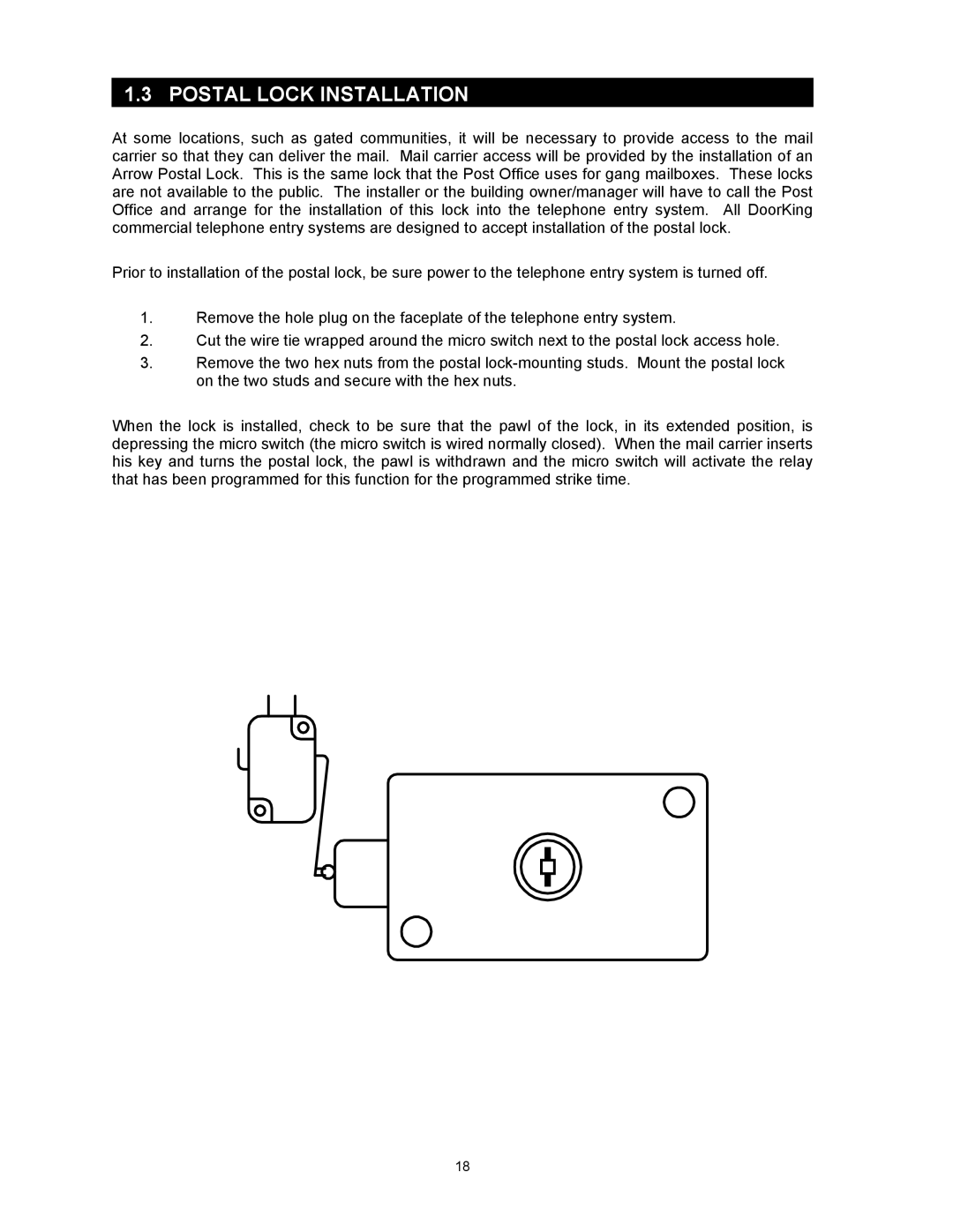 DKS Enterprises 1815, 1803PC, 1817 owner manual Postal Lock Installation 