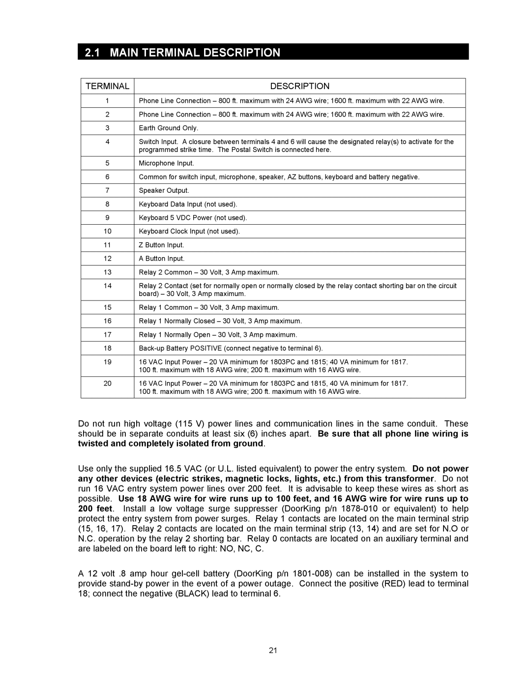 DKS Enterprises 1815, 1803PC, 1817 owner manual Main Terminal Description 