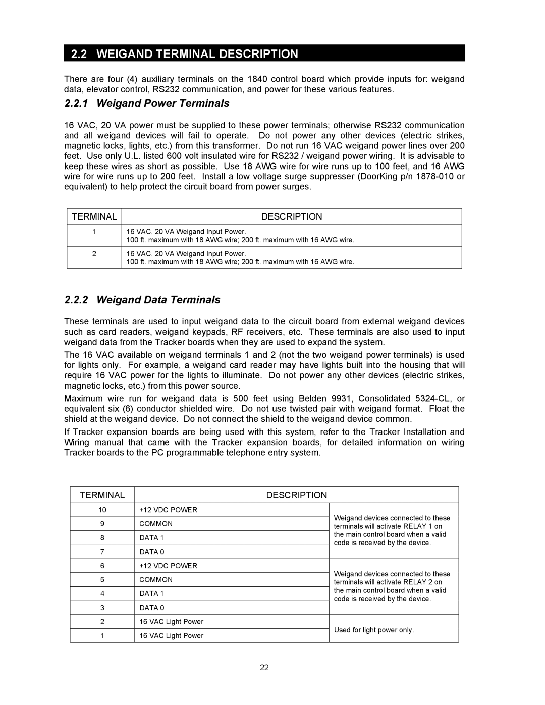 DKS Enterprises 1803PC, 1815, 1817 owner manual Weigand Terminal Description, Weigand Power Terminals, Weigand Data Terminals 