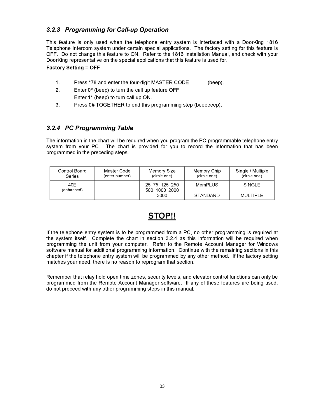 DKS Enterprises 1815, 1803PC, 1817 owner manual Programming for Call-up Operation, PC Programming Table 