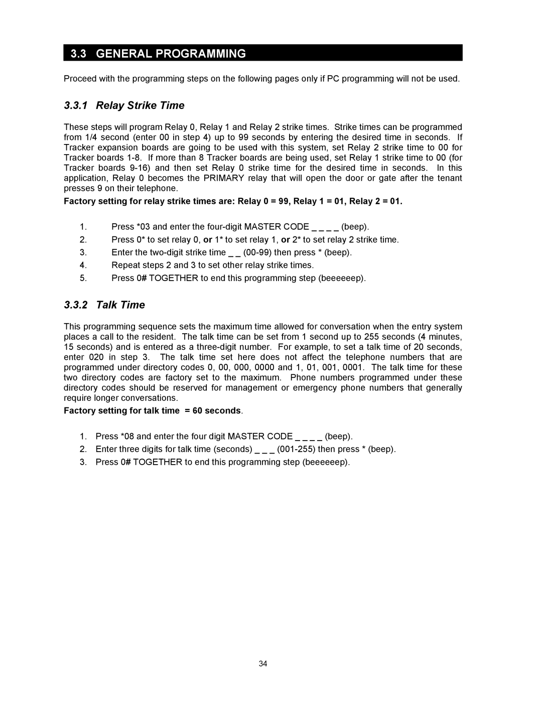 DKS Enterprises 1803PC, 1815, 1817 owner manual General Programming, Relay Strike Time, Talk Time 