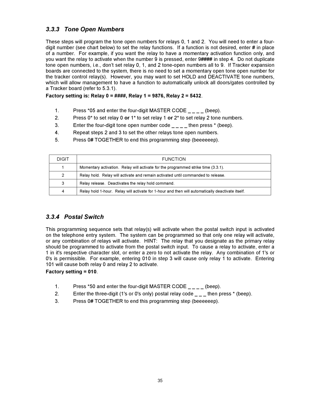 DKS Enterprises 1817, 1815, 1803PC owner manual Tone Open Numbers, Postal Switch 