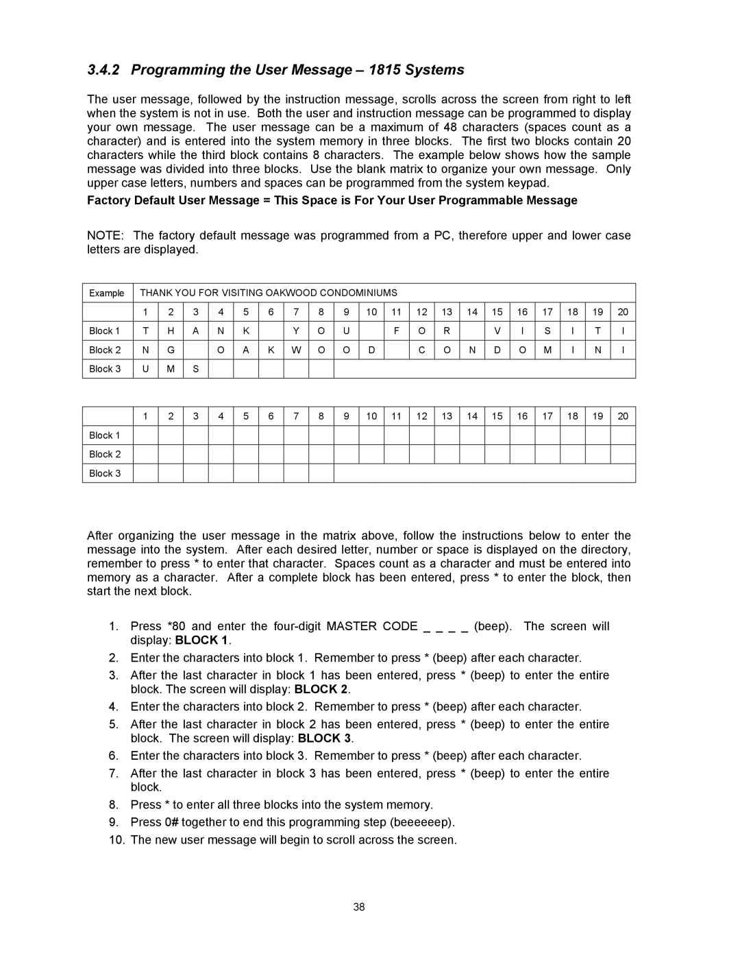 DKS Enterprises 1817, 1803PC owner manual Programming the User Message 1815 Systems 