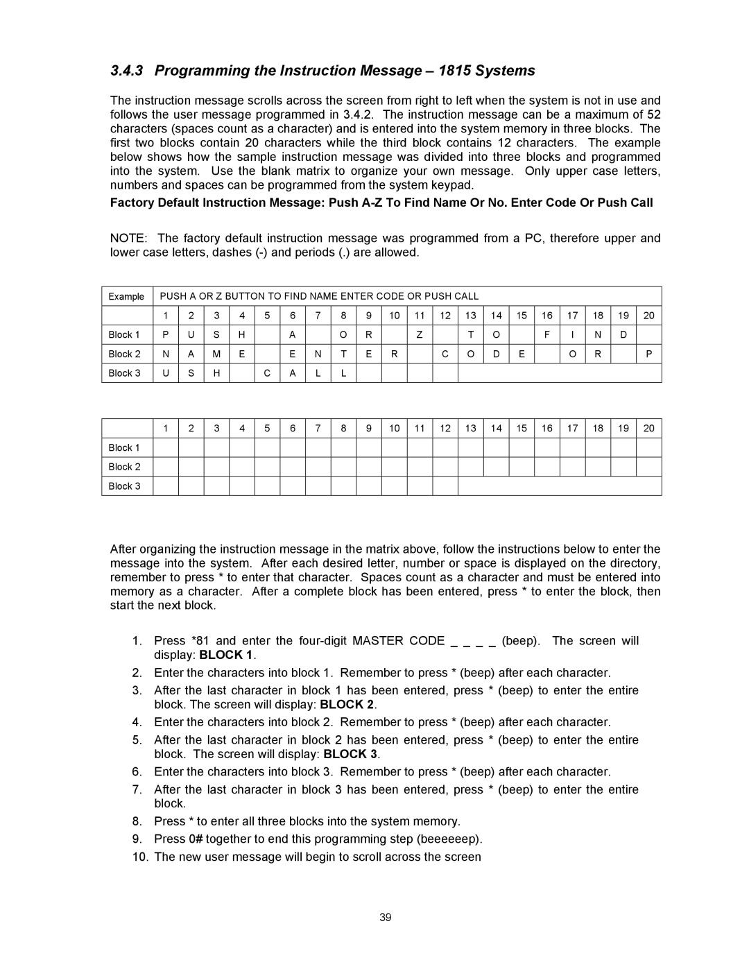 DKS Enterprises 1803PC, 1817 owner manual Programming the Instruction Message 1815 Systems 