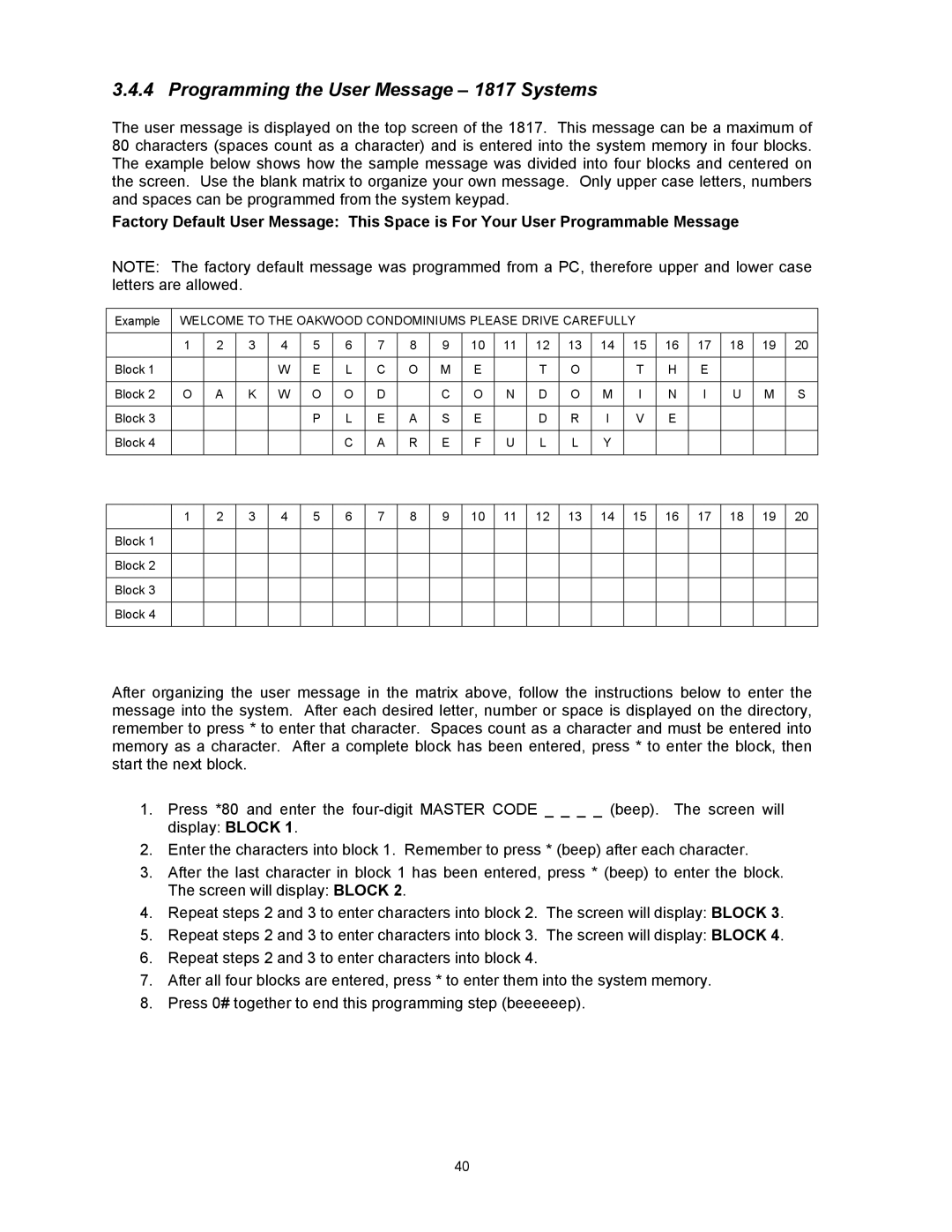 DKS Enterprises 1803PC, 1815 owner manual Programming the User Message 1817 Systems 