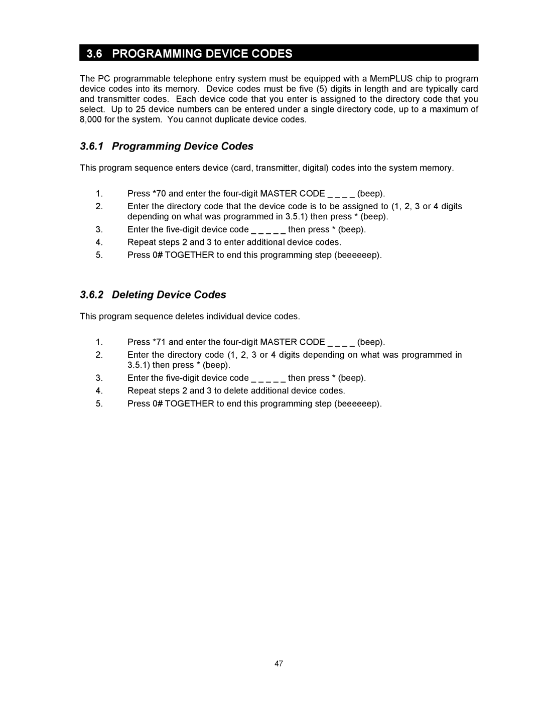 DKS Enterprises 1817, 1815, 1803PC owner manual Programming Device Codes, Deleting Device Codes 