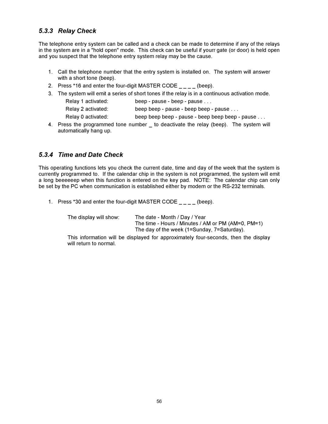 DKS Enterprises 1817, 1815, 1803PC owner manual Relay Check, Time and Date Check 