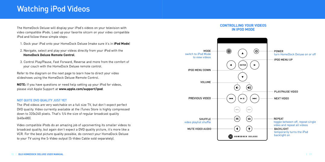 DLO HomeDock Deluxe manual Watching iPod Videos, Not Quite DVD Quality Just YET 