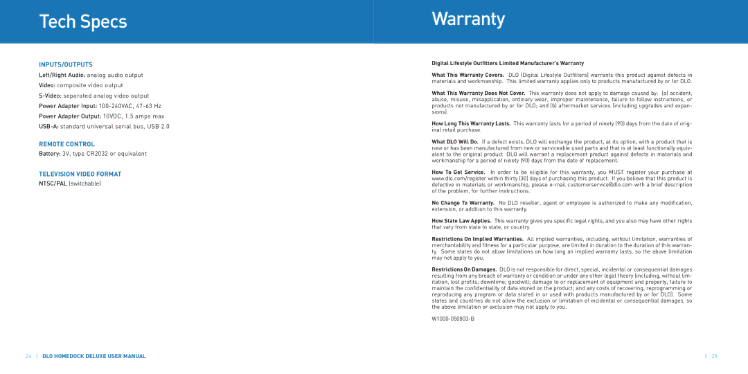 DLO HomeDock Deluxe manual Tech Specs, Warranty 