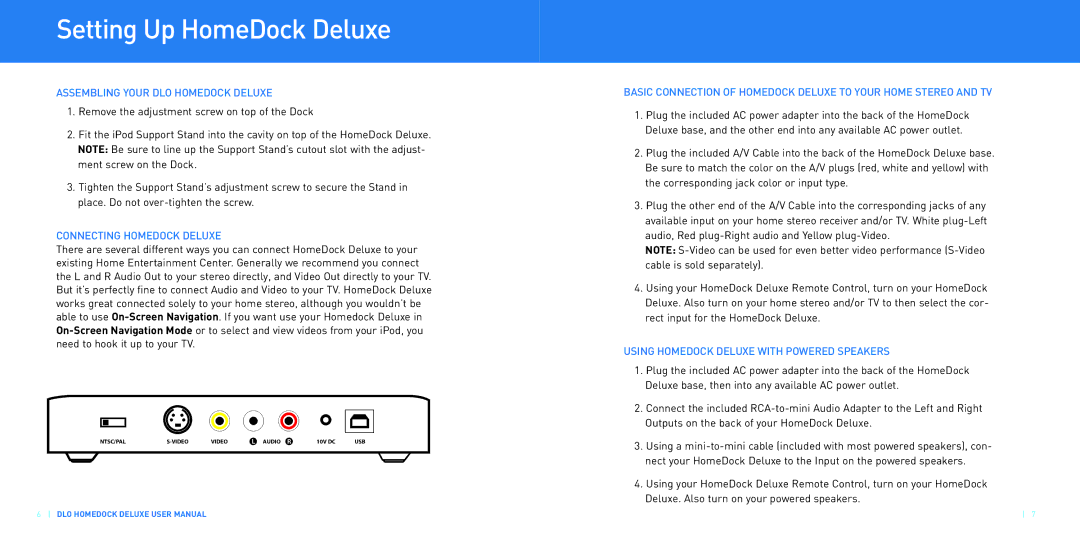 DLO manual Setting Up HomeDock Deluxe, Assembling Your DLO Homedock Deluxe, Connecting Homedock Deluxe 