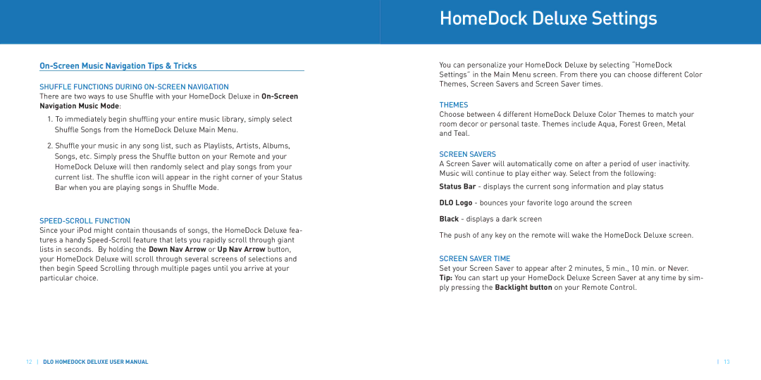 DLO manual HomeDock Deluxe Settings, On-Screen Music Navigation Tips & Tricks 