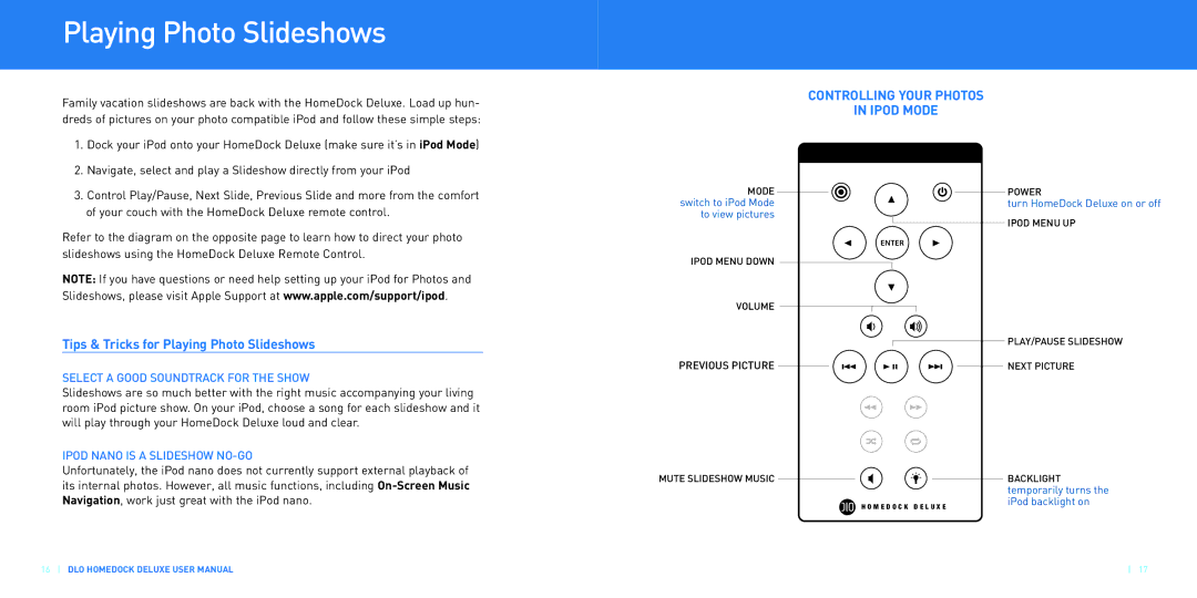 DLO HomeDock Deluxe manual Tips & Tricks for Playing Photo Slideshows, Select a Good Soundtrack for the Show 