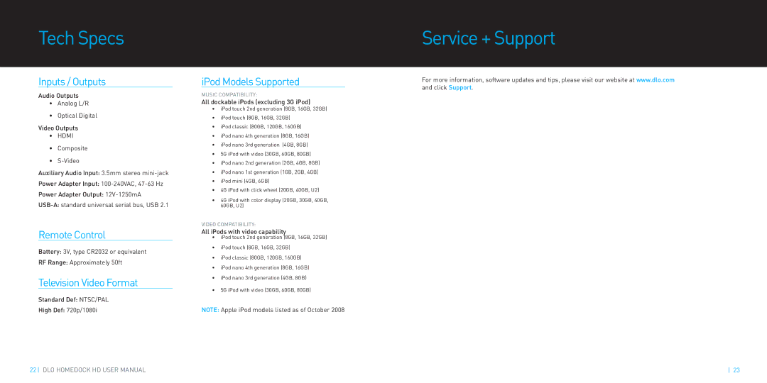 DLO HomeDock HD manual Tech Specs, Service + Support 