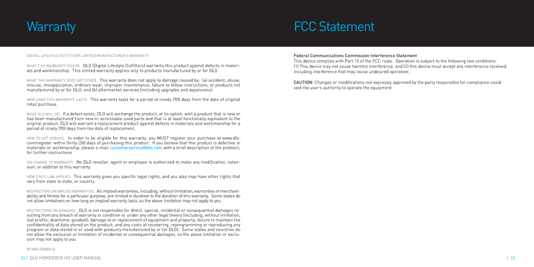 DLO HomeDock HD manual Warranty, FCC Statement 