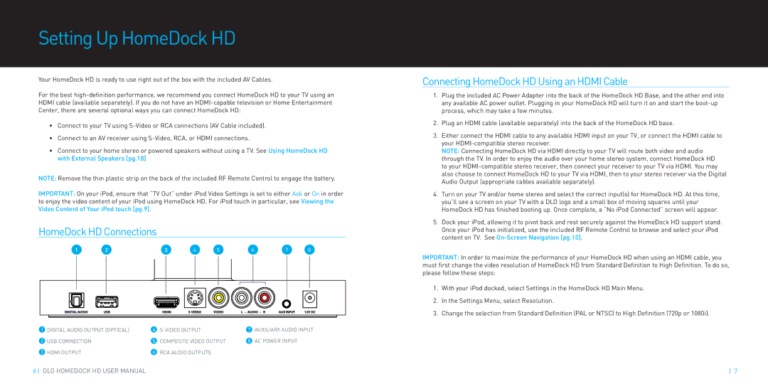 DLO manual Setting Up HomeDock HD, HomeDock HD Connections, Connecting HomeDock HD Using an Hdmi Cable 