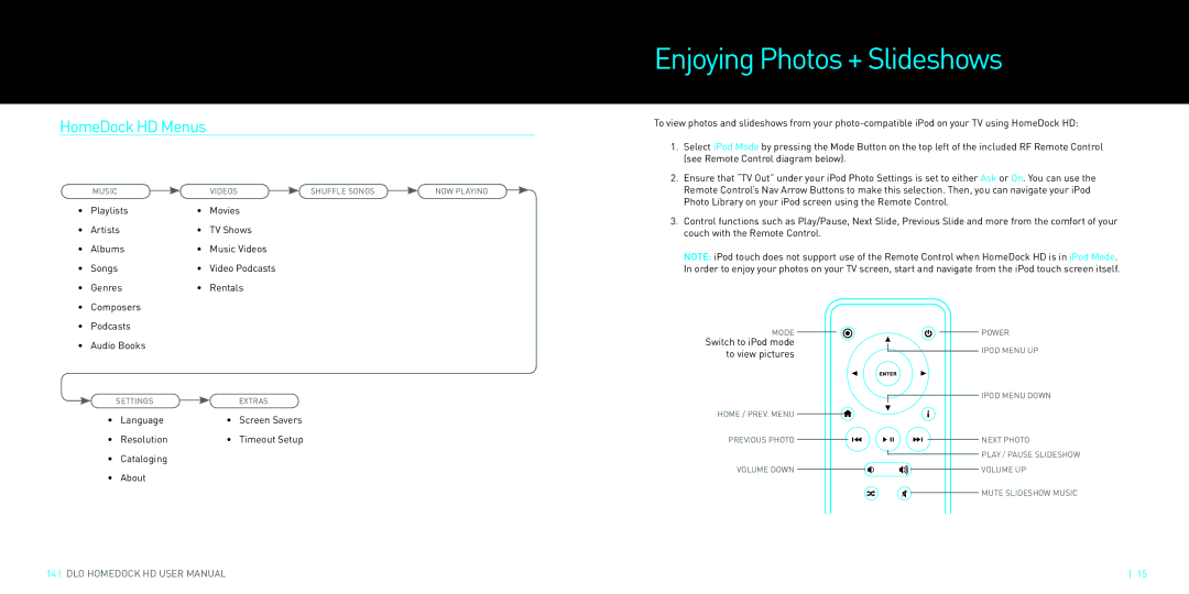 DLO manual Enjoying Photos + Slideshows, HomeDock HD Menus 