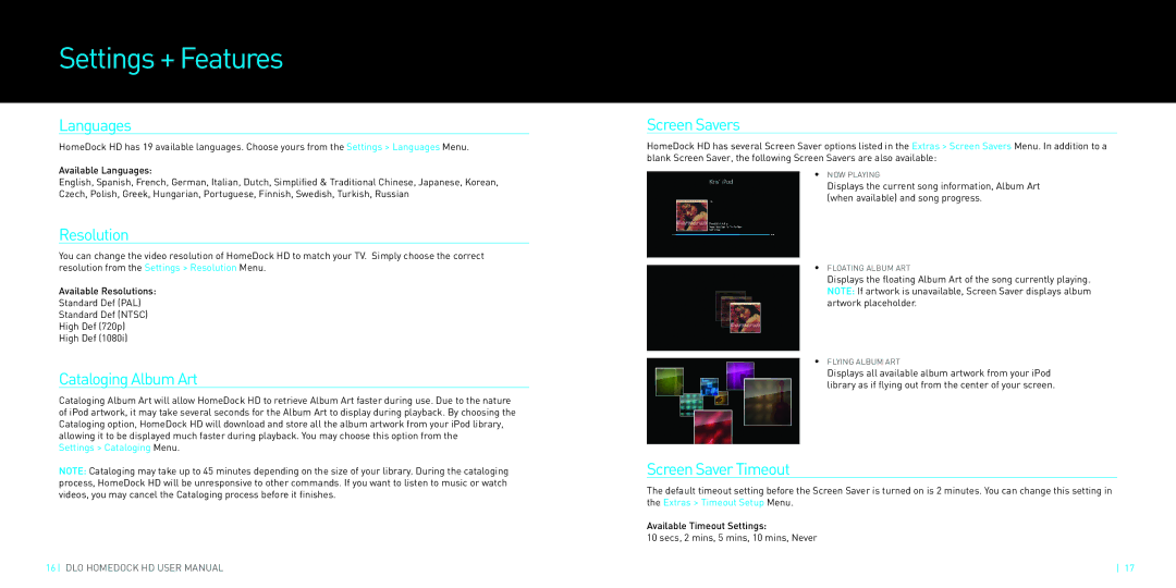 DLO HomeDock HD manual Settings + Features 