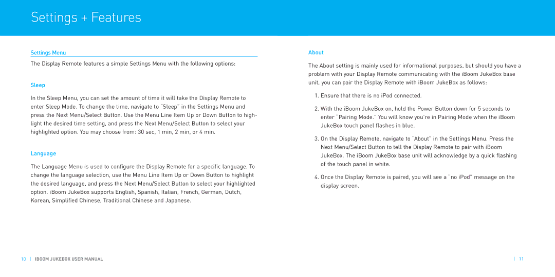 DLO JukeBox manual Settings + Features, Settings Menu, Sleep, Language, About 