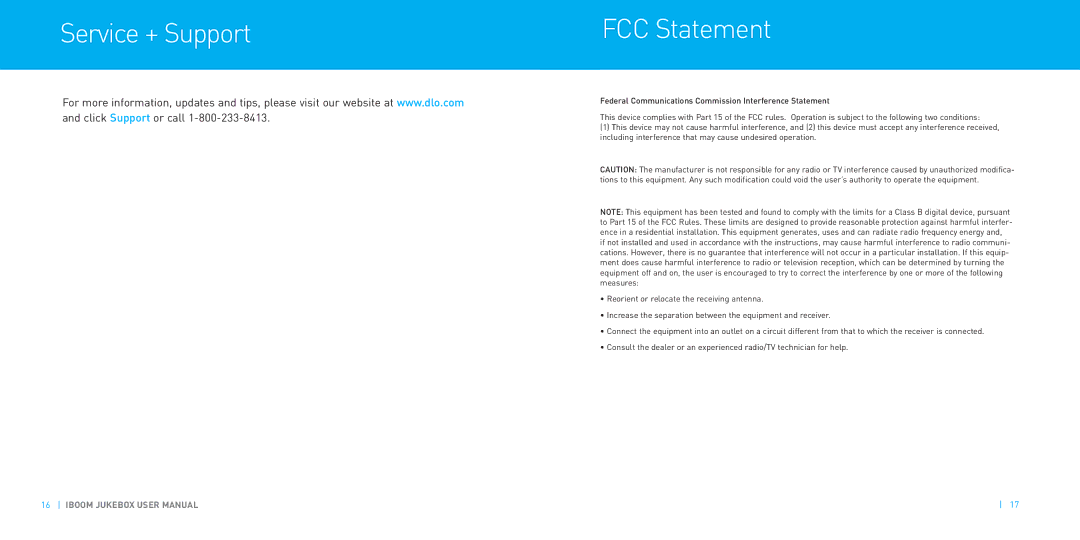 DLO JukeBox manual Service+ Support FCC Statement 