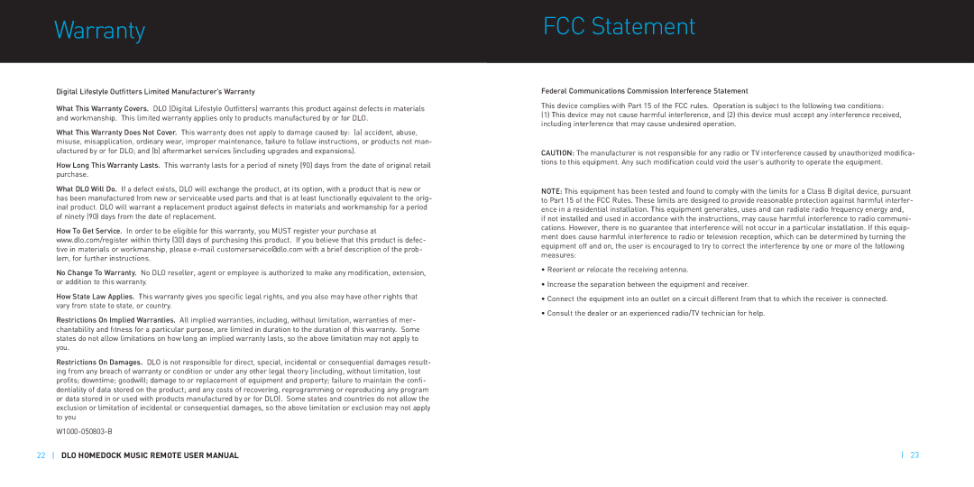 DLO M-61000-070302-D manual Warranty, FCC Statement 