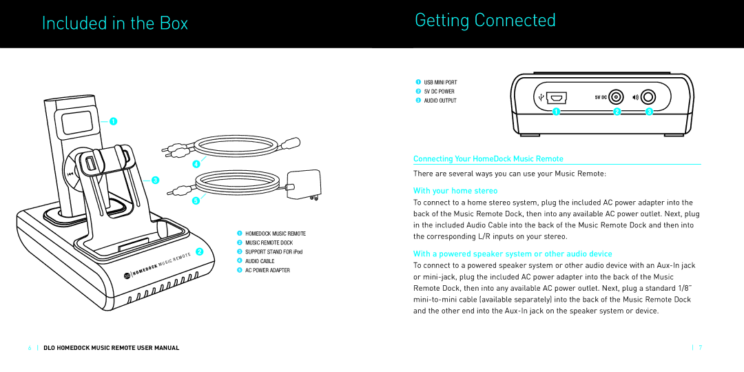 DLO M-61000-070302-D Included in the Box Getting Connected, Connecting Your HomeDock Music Remote, With your home stereo 