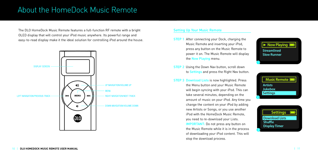 DLO M-61000-070302-D manual Aboutthe HomeDock MusicRemote, Setting Up Your Music Remote 