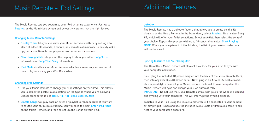 DLO M-61000-070302-D manual MusicRemote + iPod Settings, Additional Features 