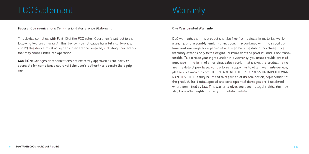 DLO M47878-080528-D manual FCCStatement, Warranty 