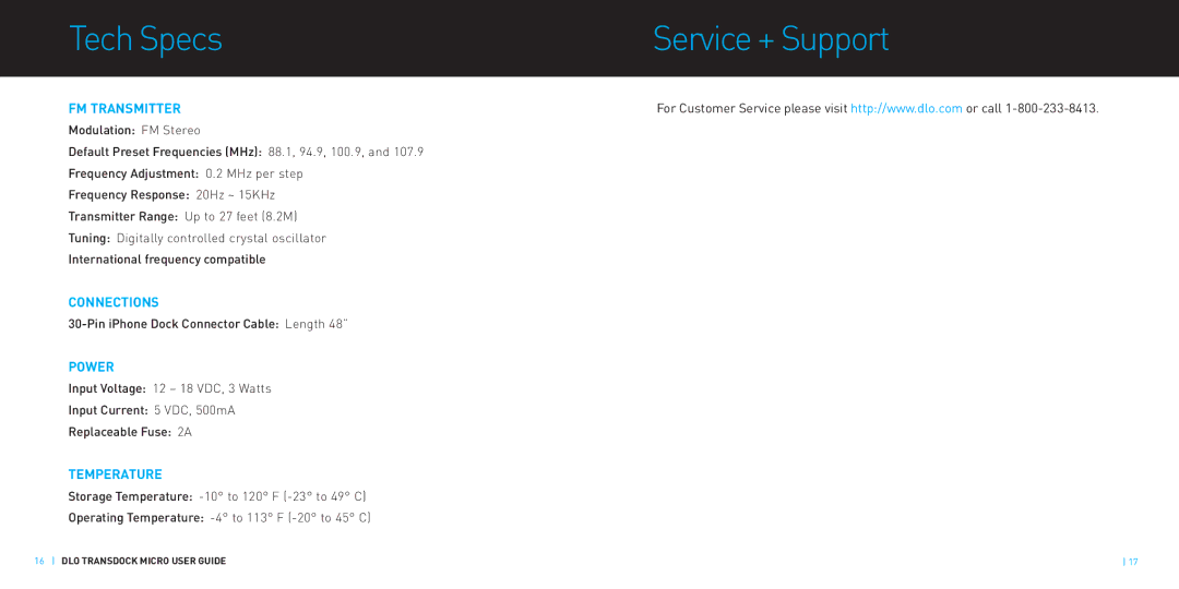 DLO M47878-080528-D manual TechSpecs Service+ Support, FM Transmitter 