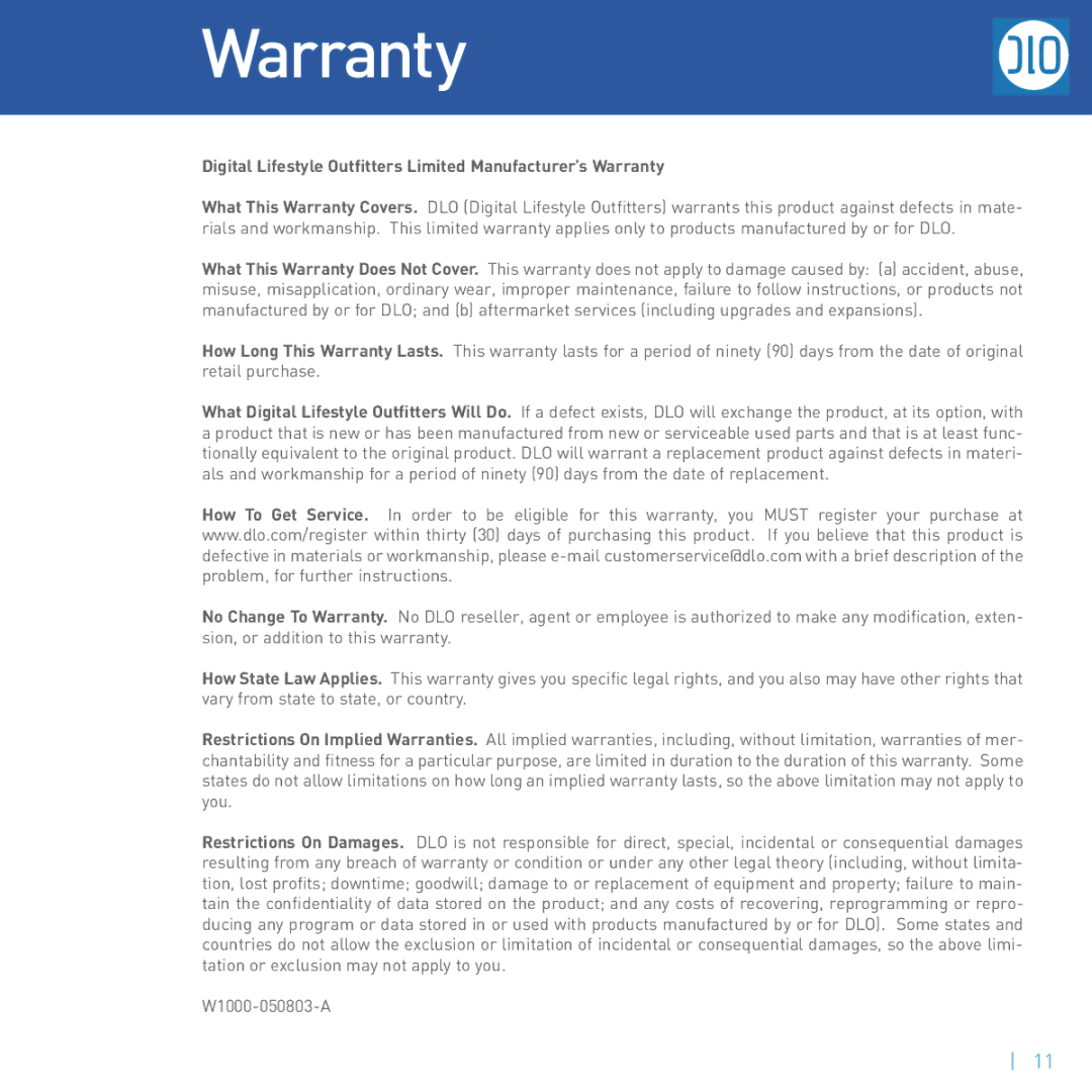 DLO M73000-050812-B manual Digital Lifestyle Outﬁtters Limited Manufacturer’s Warranty 