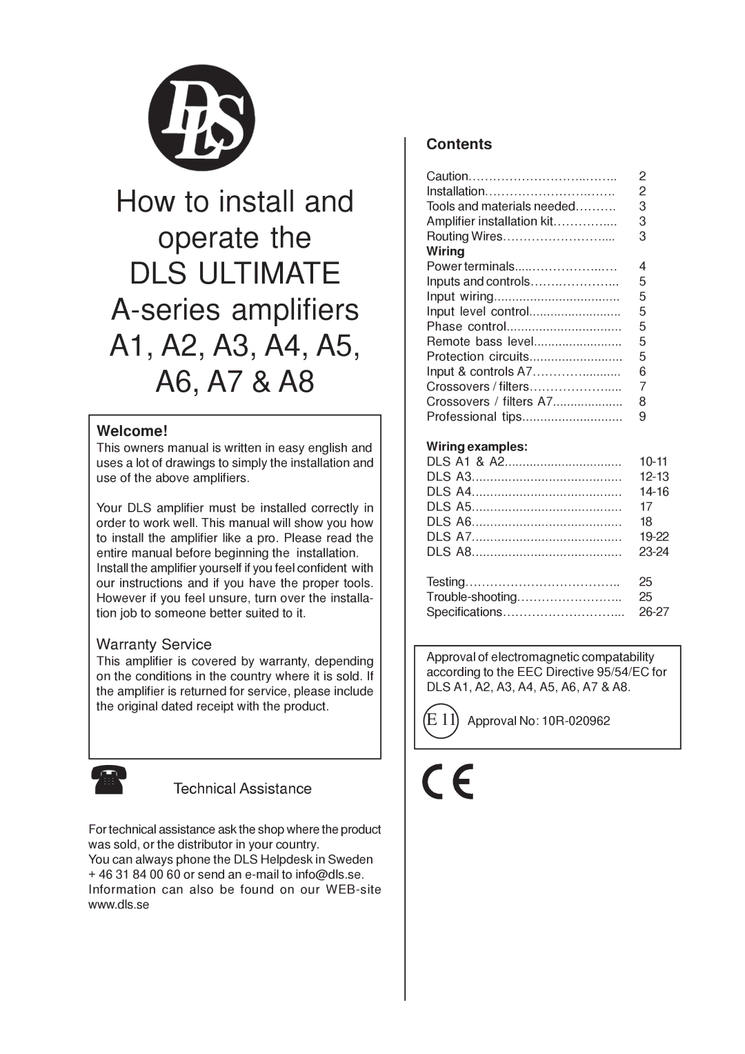 DLS Svenska AB A5, A8 Series, A2, A1, A6, A7, A4, A3 warranty Welcome, Contents 