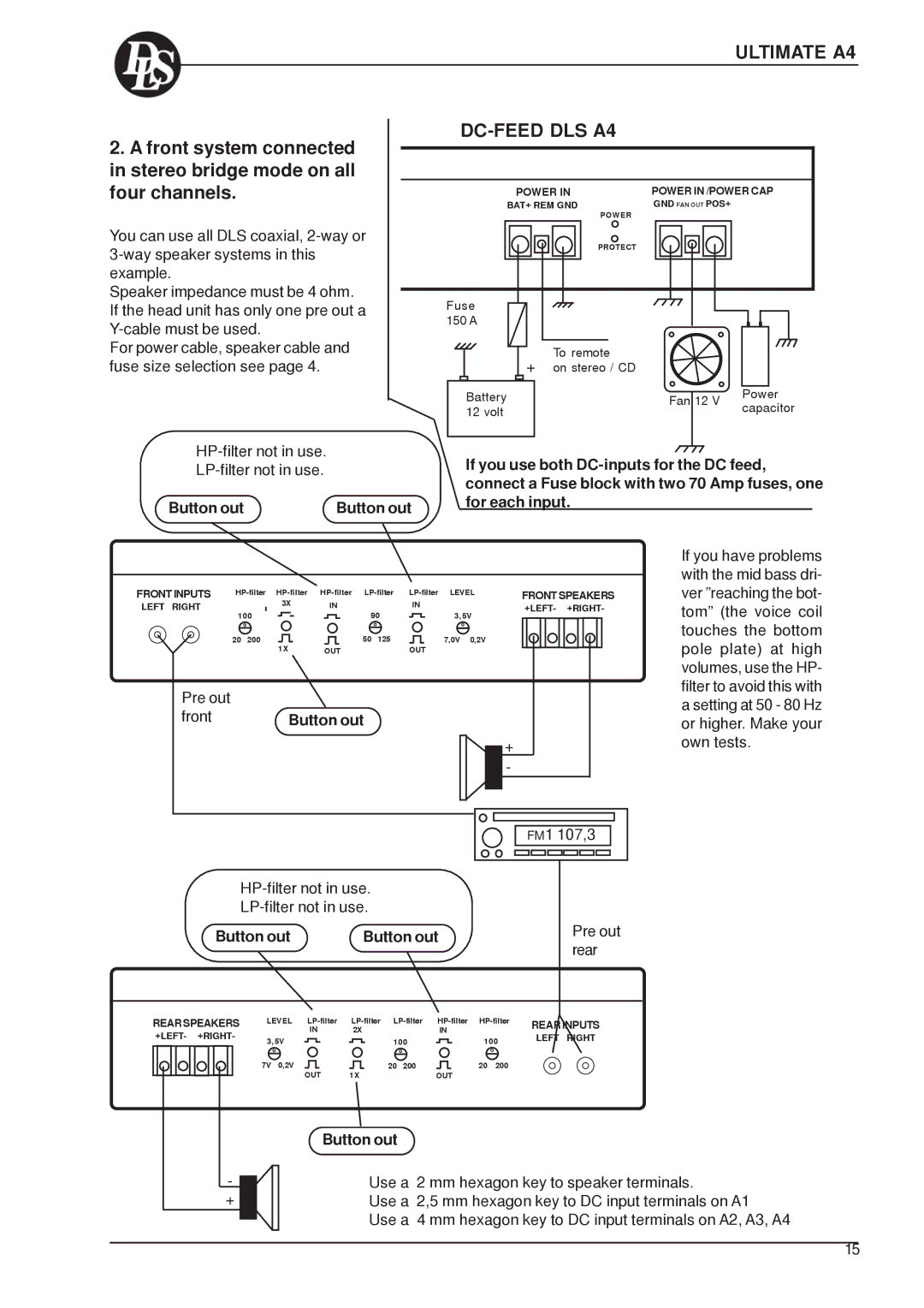 DLS Svenska AB A3, A5, A2, A1 Ultimate A4 DC-FEED DLS A4, HP-filter not in use LP-filter not in use, Button out Pre out Rear 