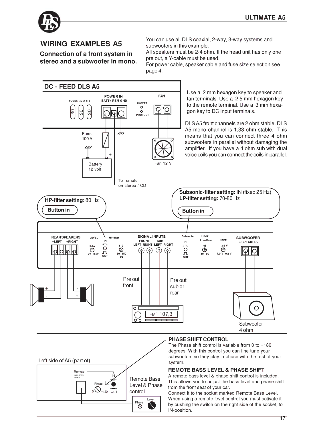 DLS Svenska AB A8 Series Wiring Examples A5, Ultimate A5, Connection of a front system, Stereo and a subwoofer in mono 