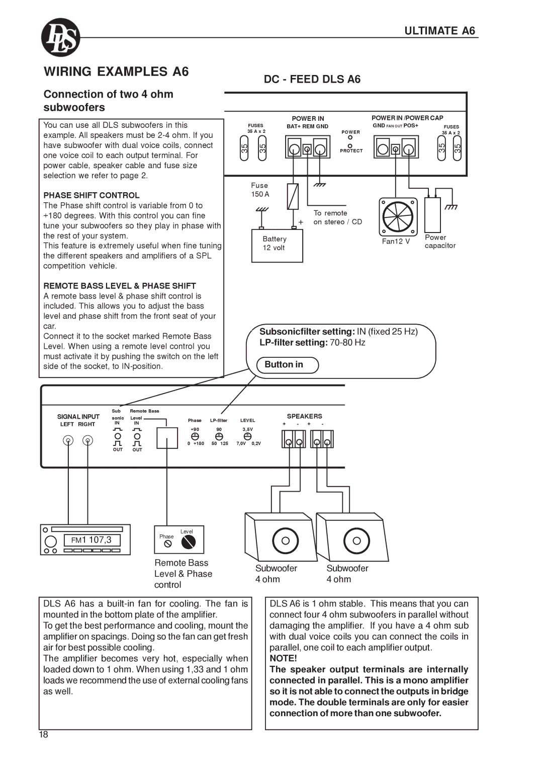 DLS Svenska AB A2, A8 Series, A5, A1, A7 Wiring Examples A6, Connection of two 4 ohm subwoofers, Ultimate A6 DC Feed DLS A6 