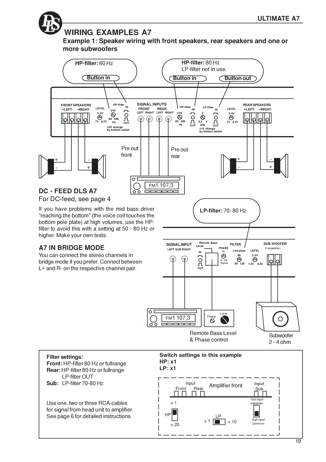 DLS Svenska AB A1, A8 Series, A5, A2, A6, A4, A3 warranty Wiring Examples A7, DC Feed DLS A7, A7 in Bridge Mode 