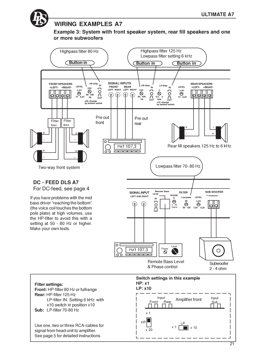 DLS Svenska AB A7, A8 Series, A5, A2, A1, A6, A4, A3 warranty Switch settings in this example Filter settings 