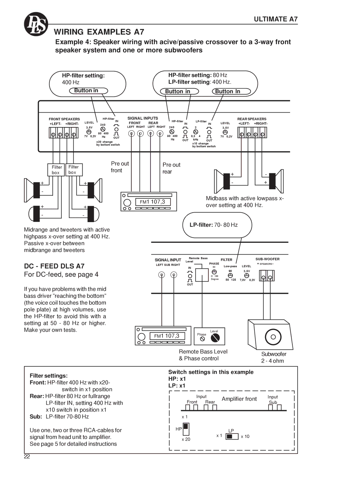 DLS Svenska AB A4, A8 Series, A5, A2, A1, A6, A7, A3 warranty Button HP-filter setting 80 Hz LP-filter setting 400 Hz 