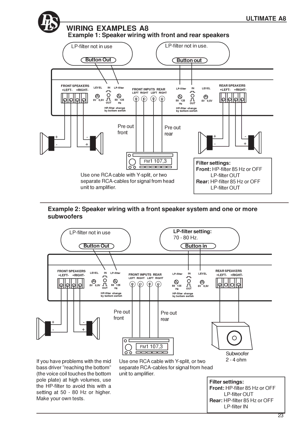 DLS Svenska AB A3, A5, A2 Wiring Examples A8, Ultimate A8, Example 1 Speaker wiring with front and rear speakers, 70 80 Hz 