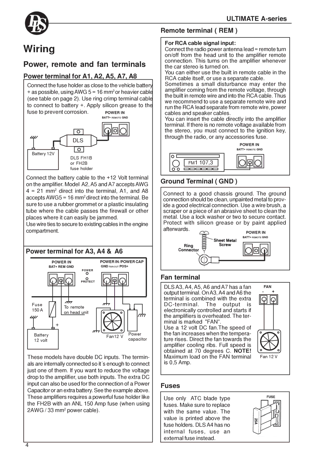 DLS Svenska AB A6, A8 Series, A5, A2, A1, A7 Ultimate A-series Remote terminal REM, Ground Terminal GND, Fan terminal, Fuses 