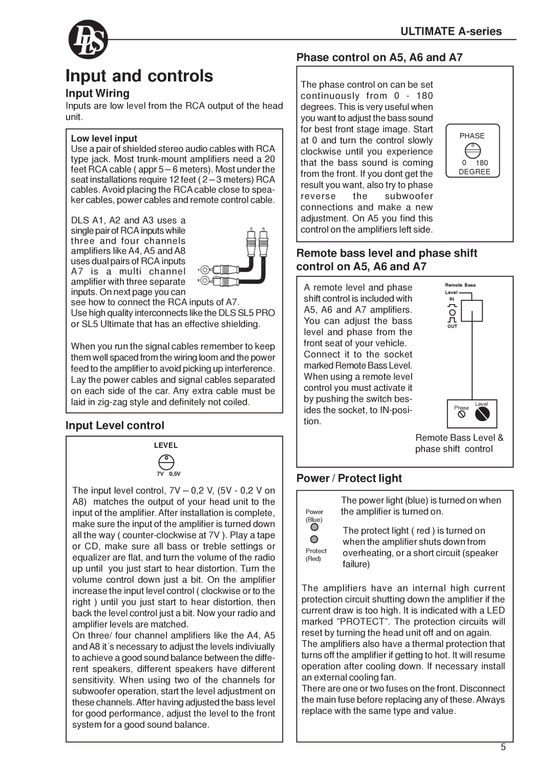 DLS Svenska AB A8 Series, A2, A1, A4 Ultimate A-series Phase control on A5, A6 and A7, Input Wiring, Input Level control 