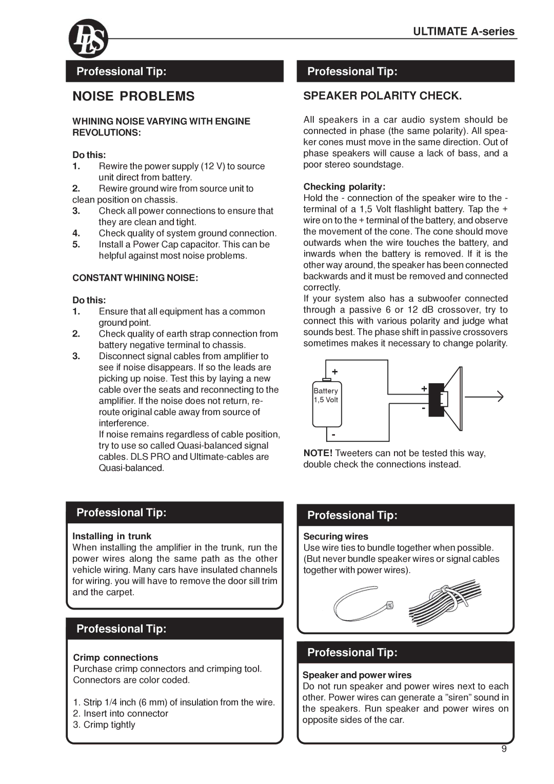 DLS Svenska AB A5, A8 Series, A2, A1 Noise Problems, Speaker Polarity Check, Whining Noise Varying with Engine Revolutions 